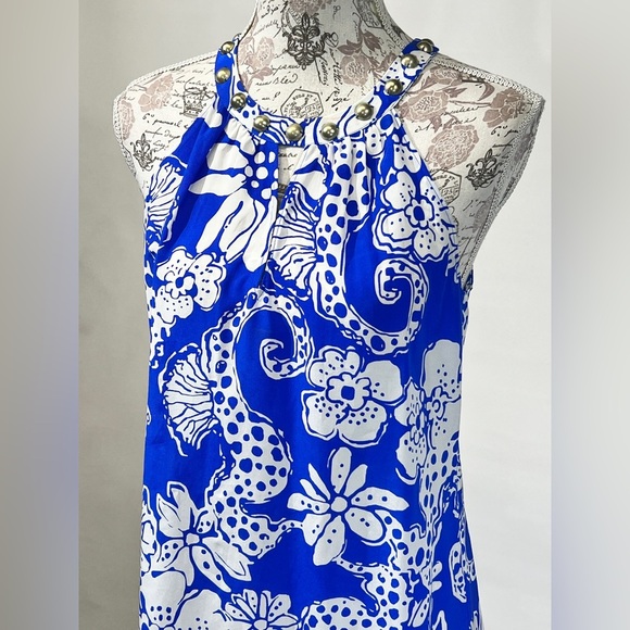 LILLY PULITZER‎ Royal blue Rogan 100% Silk Seahorse print studded top size S. - Picture 3 of 11